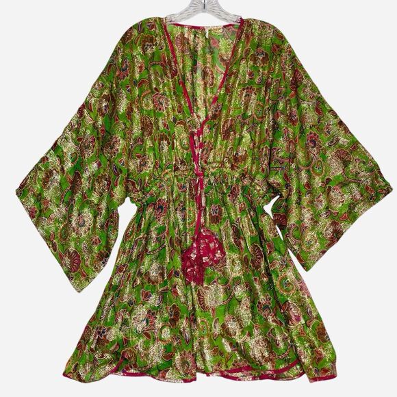 Miss June Paris Mini Dress Tunic Cover Up Green Gold Kimono Sleeve Beach Resort - Picture 1 of 8